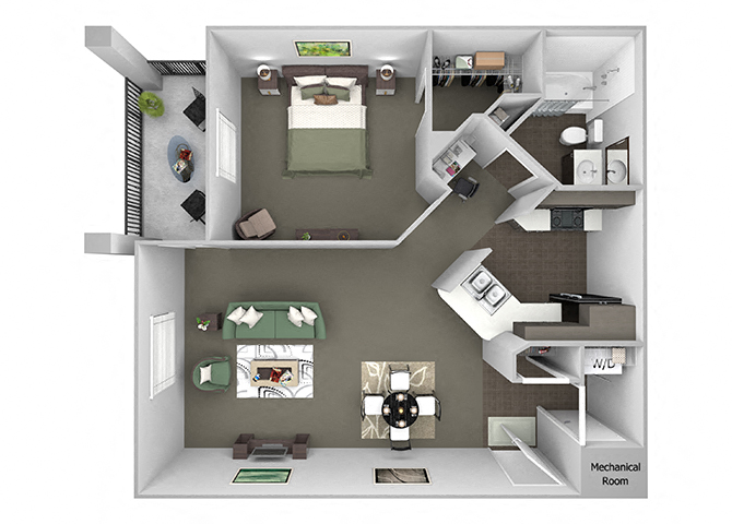 Floor plan for 1 bed, 1 bath, 827 sqft